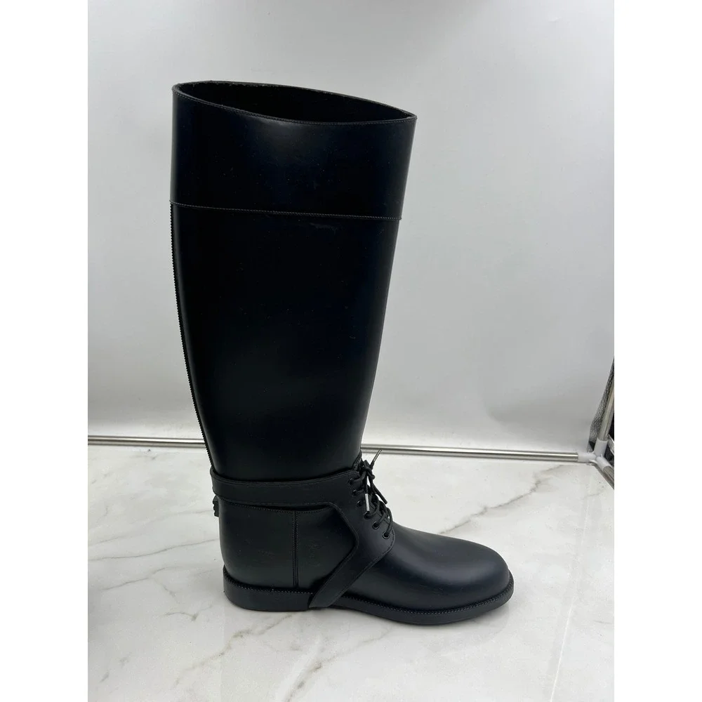GIVENCHY Rain Boots Womens Sz 10 Tall Black Rubber Wellies Made in Italy Lace Up